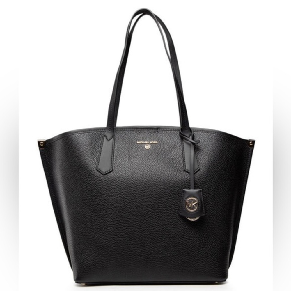 Michael Kors Jane Large Pebbled Leather Black Tote Bag Charm Logo AUTHENTIC NEW - Picture 4 of 10